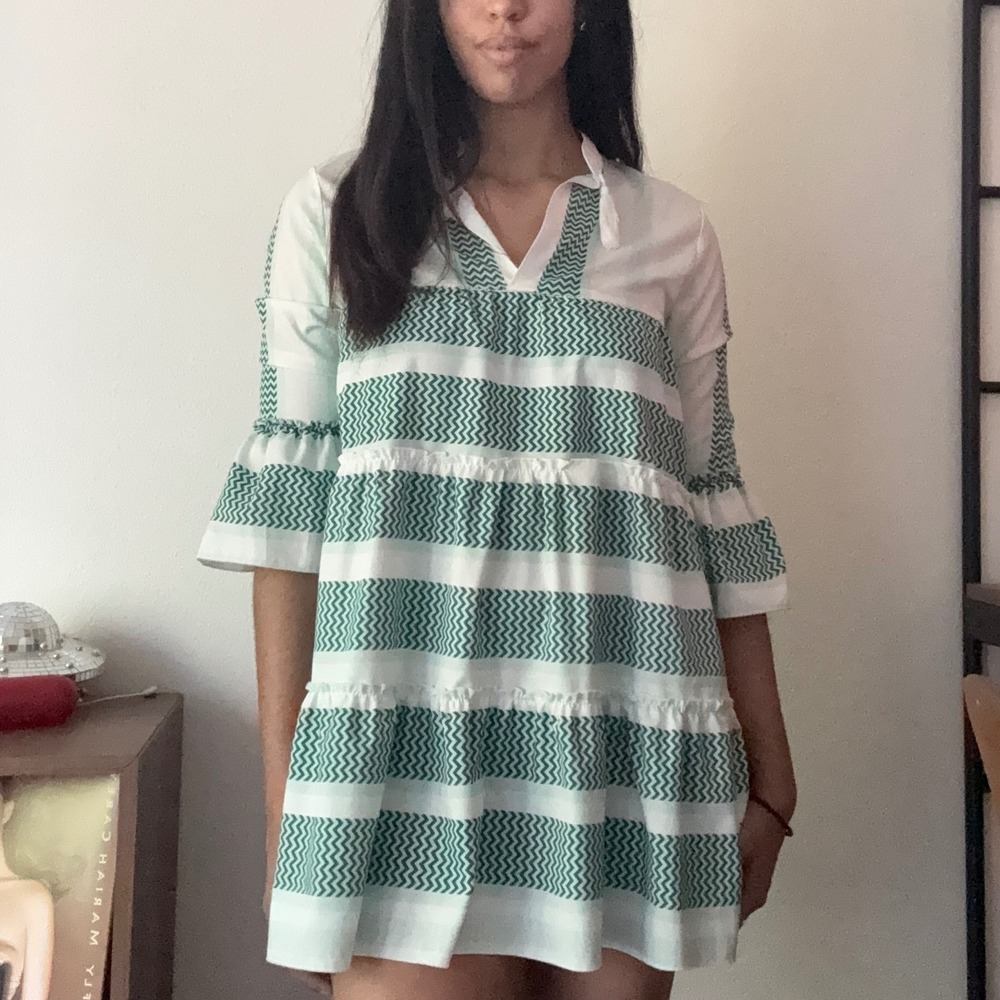 Green White Chevron Striped Tassel Tunic Dress Tiered Ruffle Bell Sleeve Mini